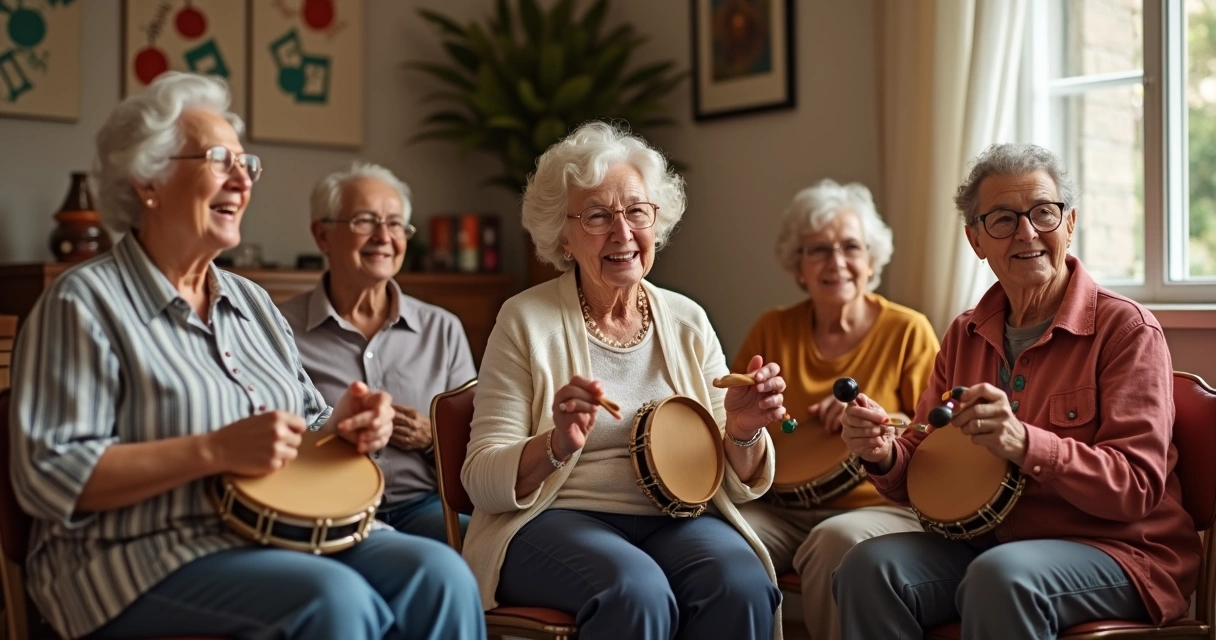 Grupo de idosos sorrindo enquanto tocam instrumentos musicais simples 