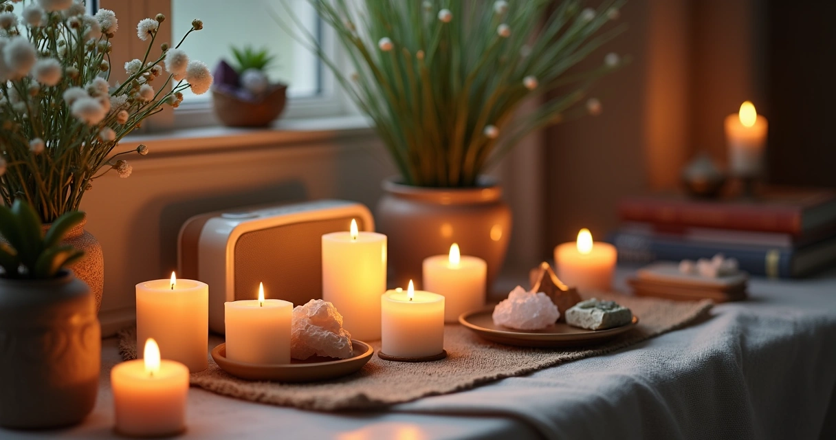 Altar espiritual com velas, flores e um aparelho tocando música próxima a pessoa 