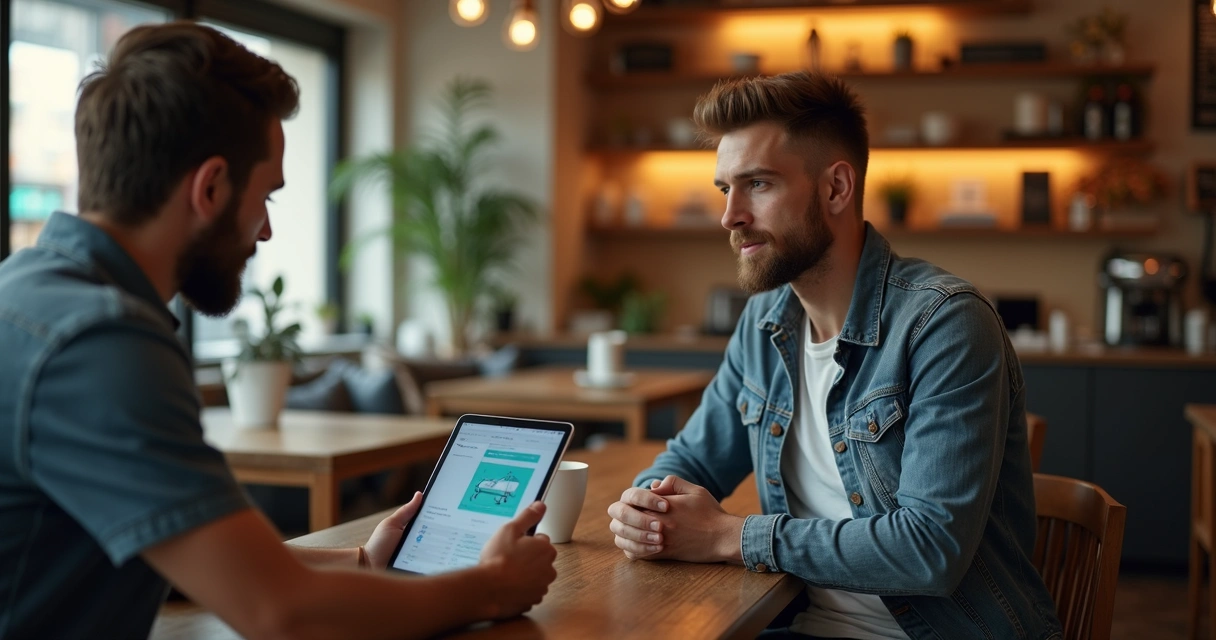 Músico mostrando portfólio digital no tablet para contratante 