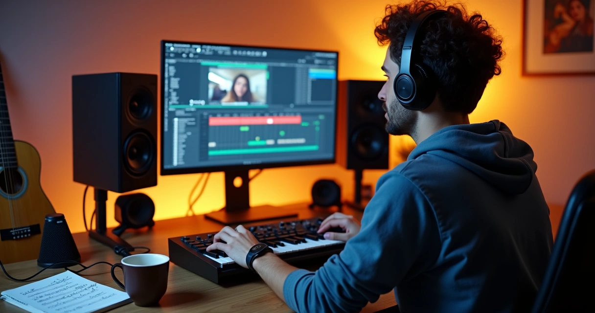 Homem usando fone, computador e instrumentos compondo trilha sonora