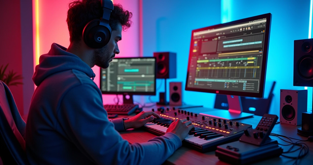 Artista das Américas em estudo de gravação digital misturando sons tradicionais e modernos 