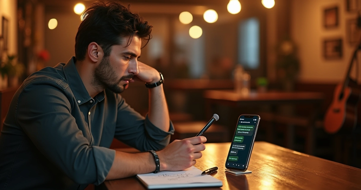 Músico olhando para o celular analisando pedidos de clientes interessados em contratar 