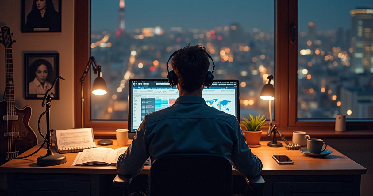 Músico com instrumentos e laptop em escritório