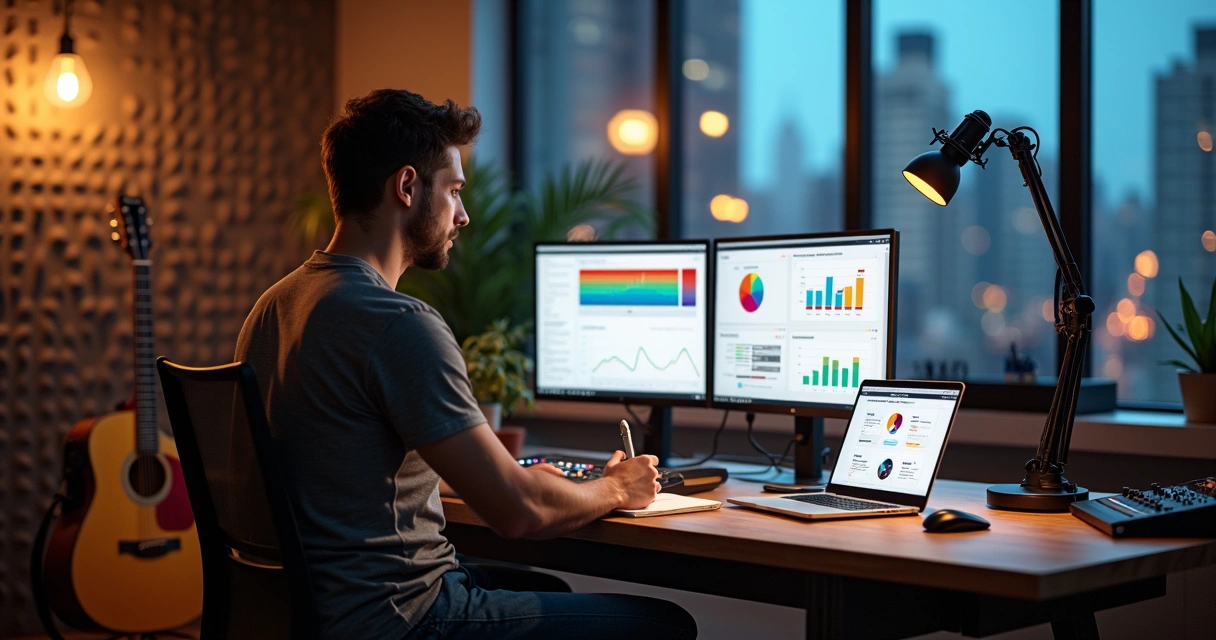 Músico em estúdio com violão e notebook mostrando gráficos de marketing digital 