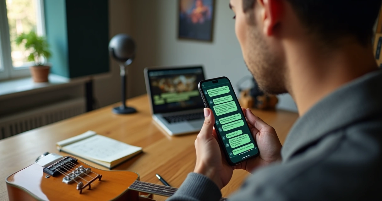 Músico com violão negociando cachê pelo WhatsApp no celular 