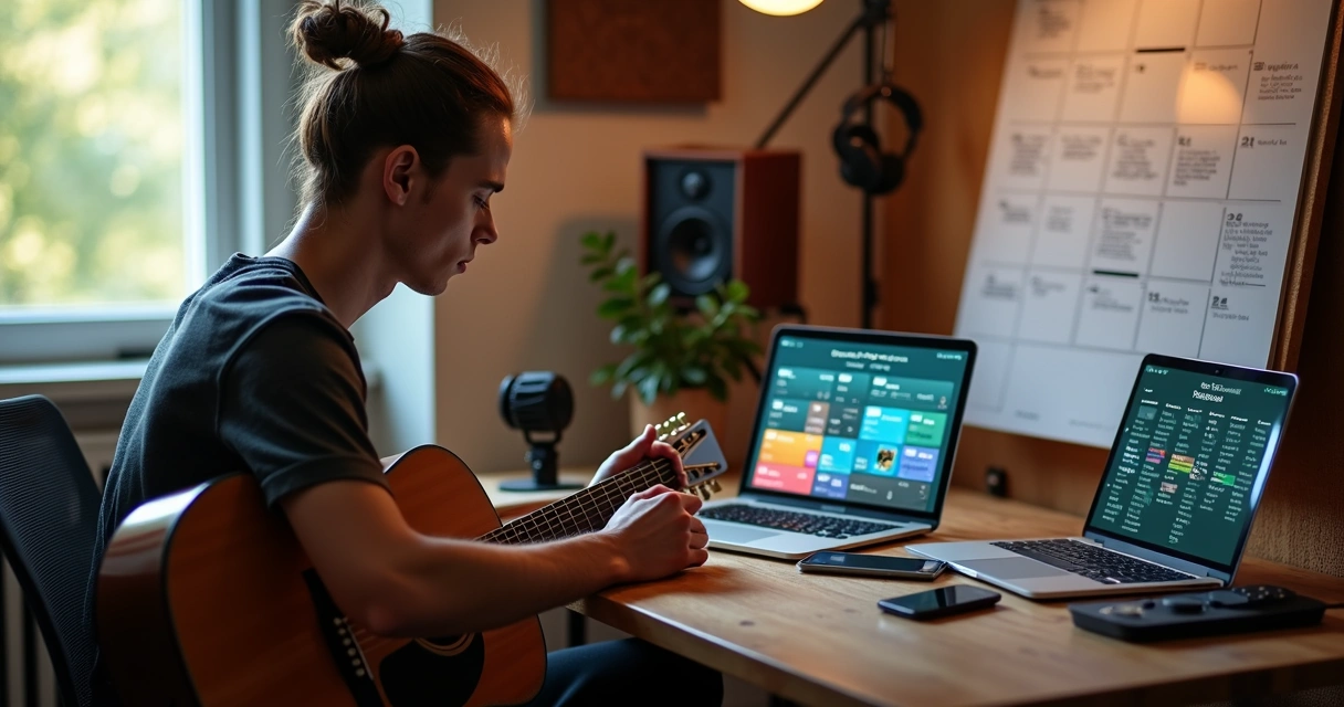 Músico organizando agenda em tablet e notebook com aplicativos de calendário 