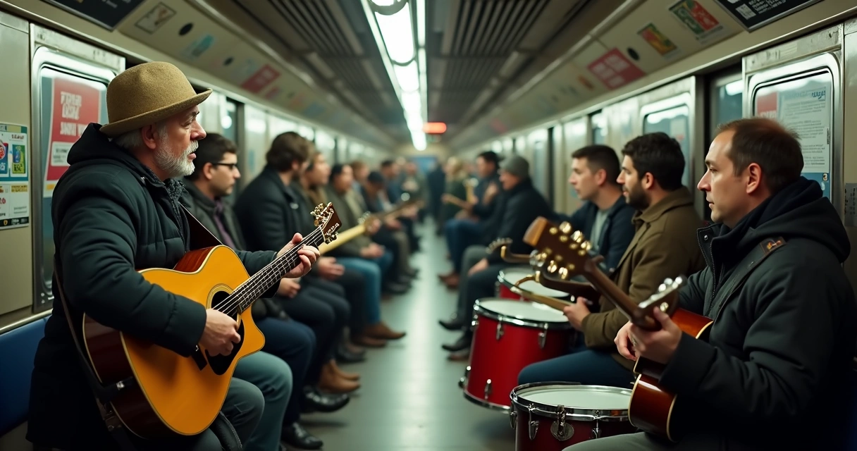 Músicos tocando no metrô de Nova York, estação movimentada 