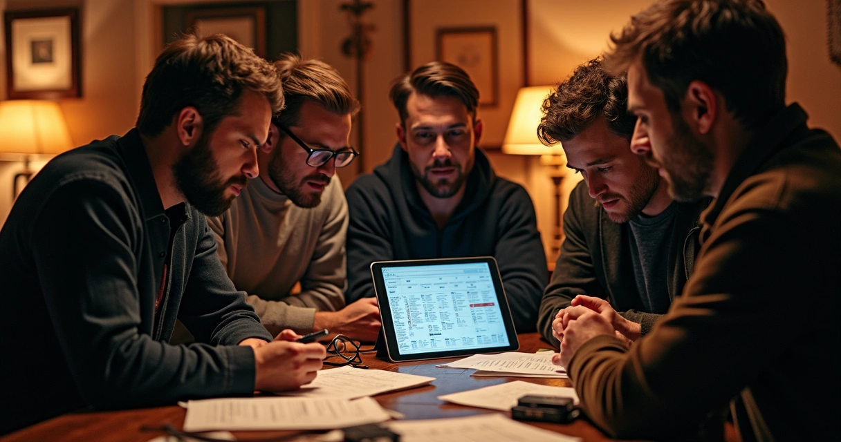 Músicos reunidos ao redor de uma mesa, analisando uma agenda digital no tablet. 