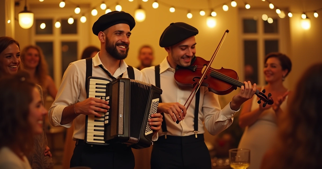 Músicos tocando acordeão em festa temática francesa, chapéu e cenário parisiense 