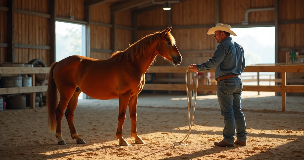 Homem treinando cavalo Mustang em picadeiro com estrutura de madeira