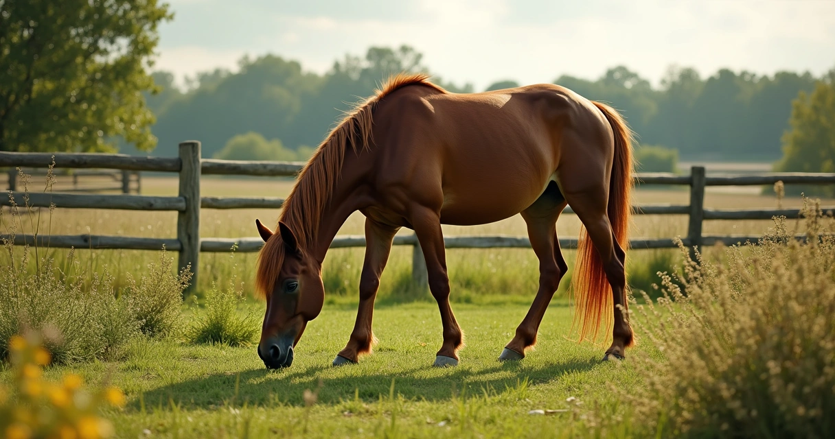 Cavalo Mustang pastando em reserva cercada com vegetação nativa