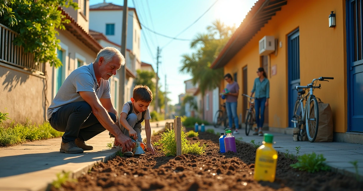 Moradores plantando juntos em canteiro comunitário em rua de bairro 