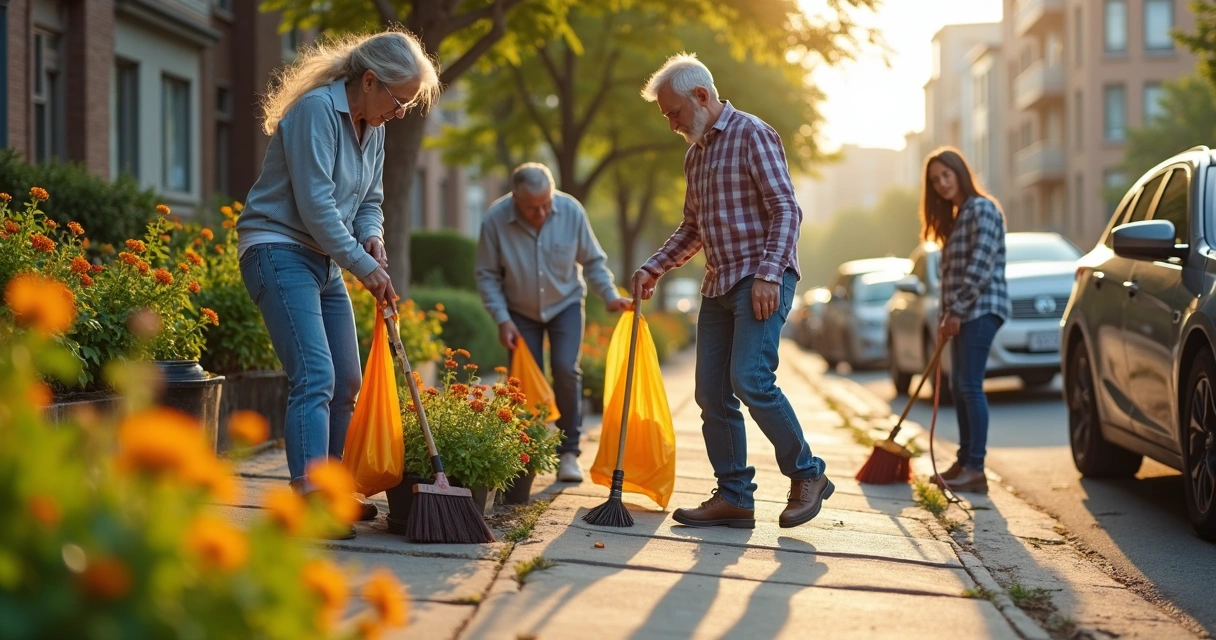 Vizinhos limpando calçada em bairro urbano 