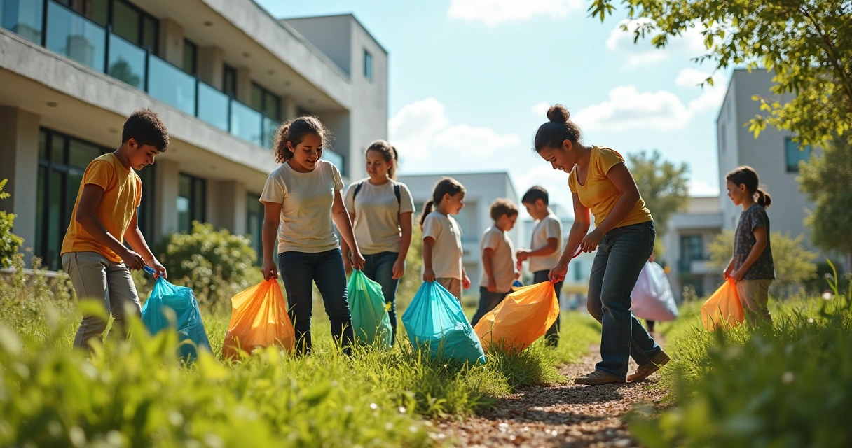 Mutirão escolar recolhendo lixo em área verde 