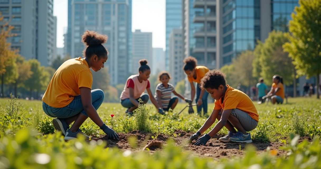 Mutirão de vizinhos limpando praça e plantando flores em parque urbano.