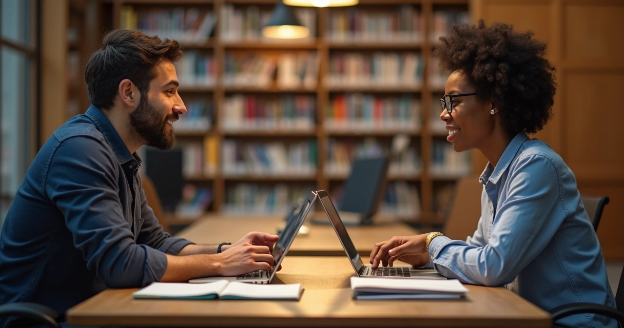 Two people sharing ideas across table with warm light 