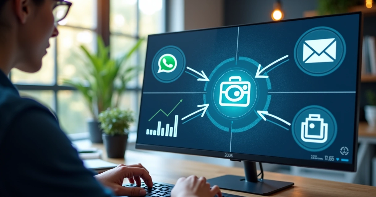 Exemplo visual de integração e automação de canais digitais como WhatsApp, Instagram e e-mail 