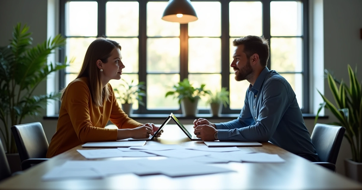 Developer and client discussing MVP project at table 
