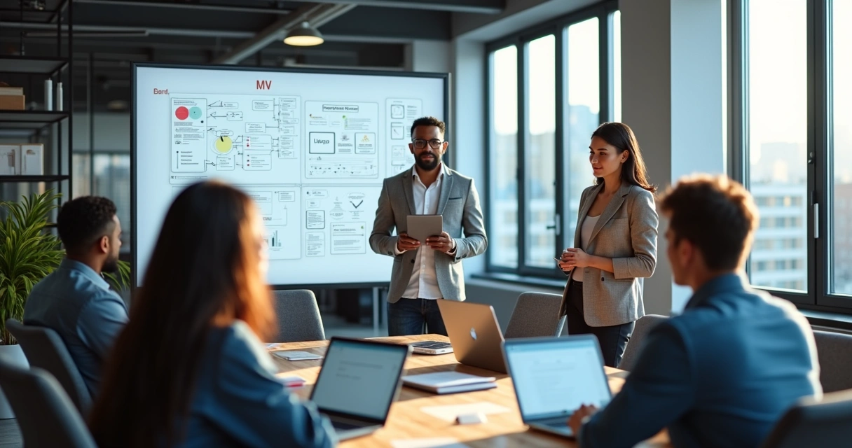 Equipe de profissionais discutindo o desenvolvimento de um MVP em escritório moderno com computadores e storyboard 