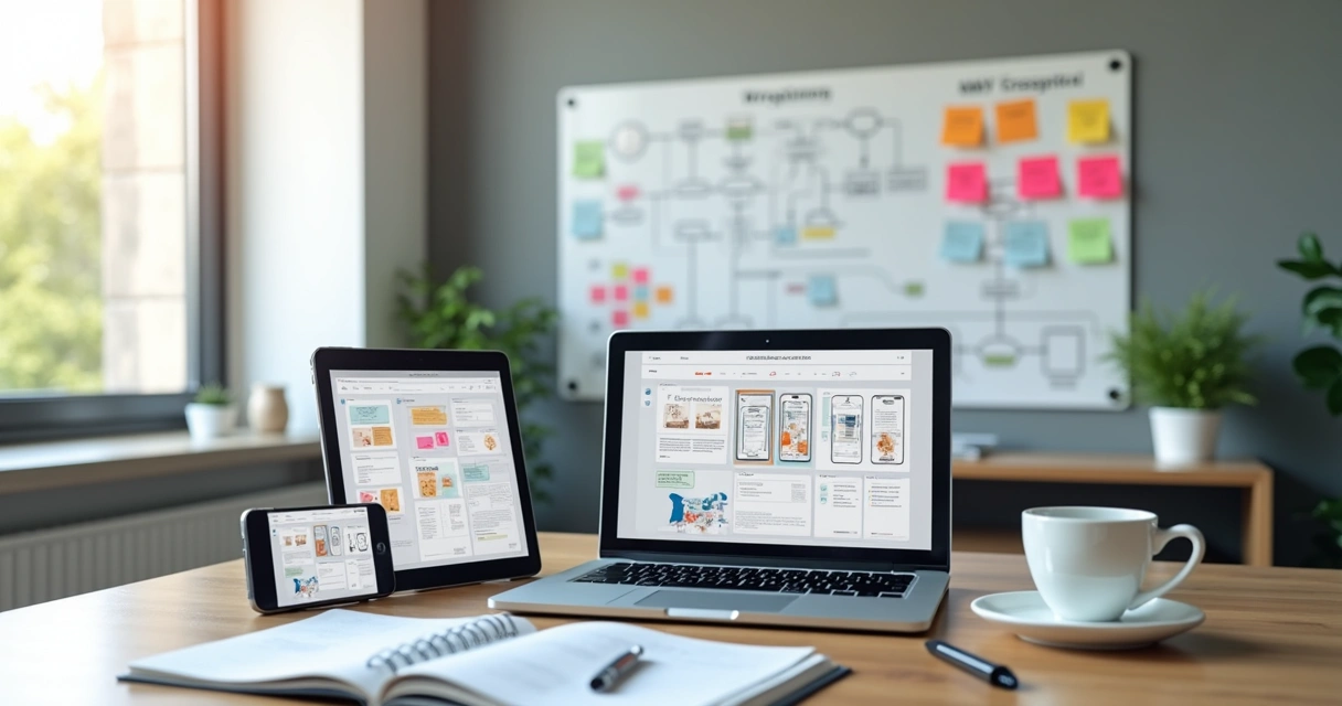 Digital workspace showing MVP development lifecycle with wireframes, user feedback, and agile workflow 