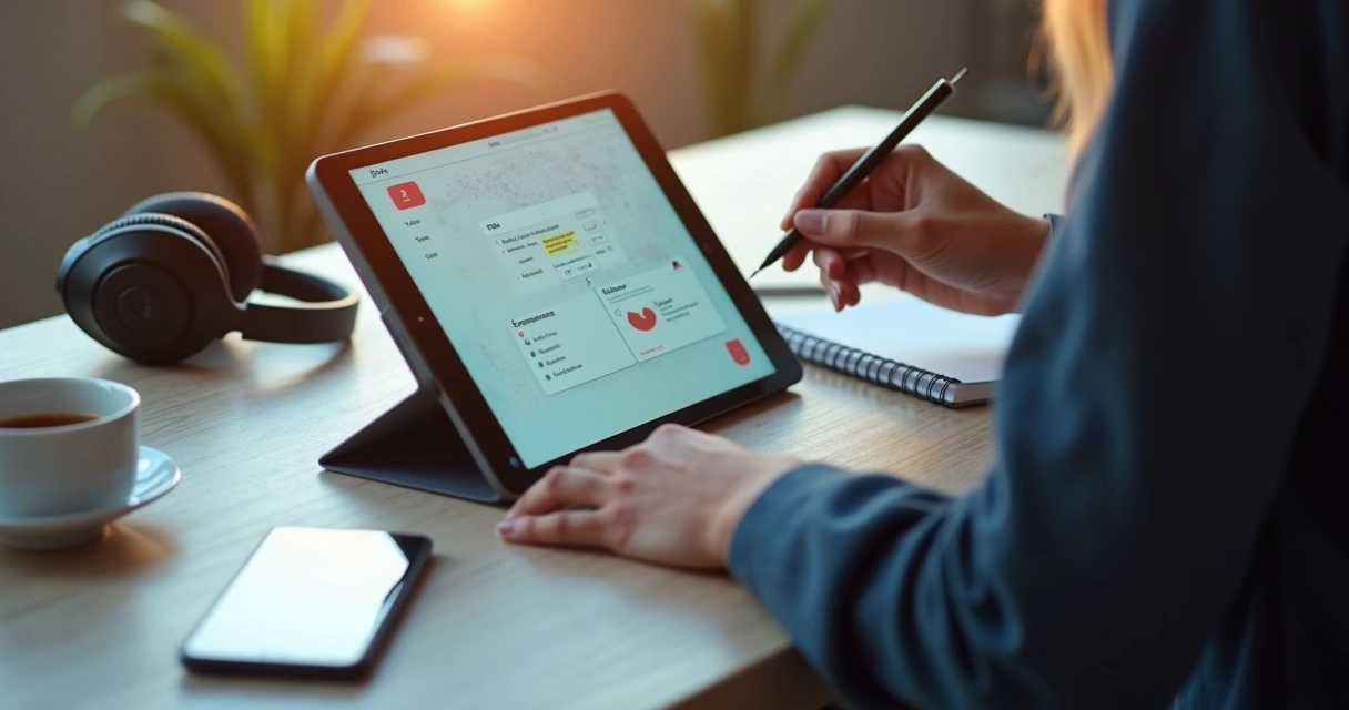 Usuário testando aplicativo em tablet com anotações digitais 