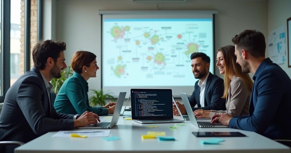 Equipe de negócios e tecnologia trabalhando em protótipo de IA