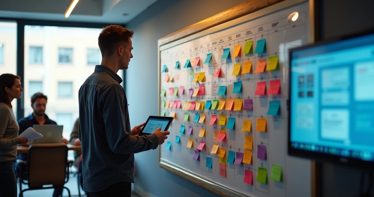 Quadro Kanban e post-its representando o protótipo de MVP de IA 