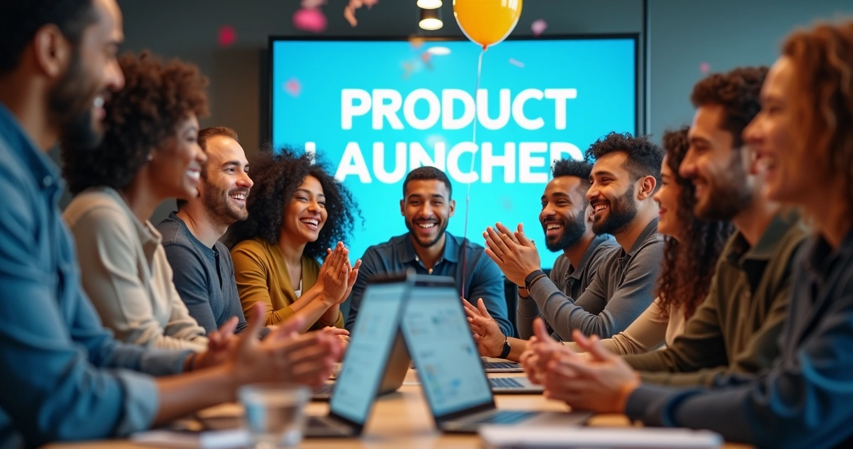 Startup team celebrating MVP product launch 