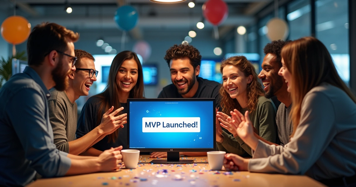 Startup team celebrating MVP launch in modern office 