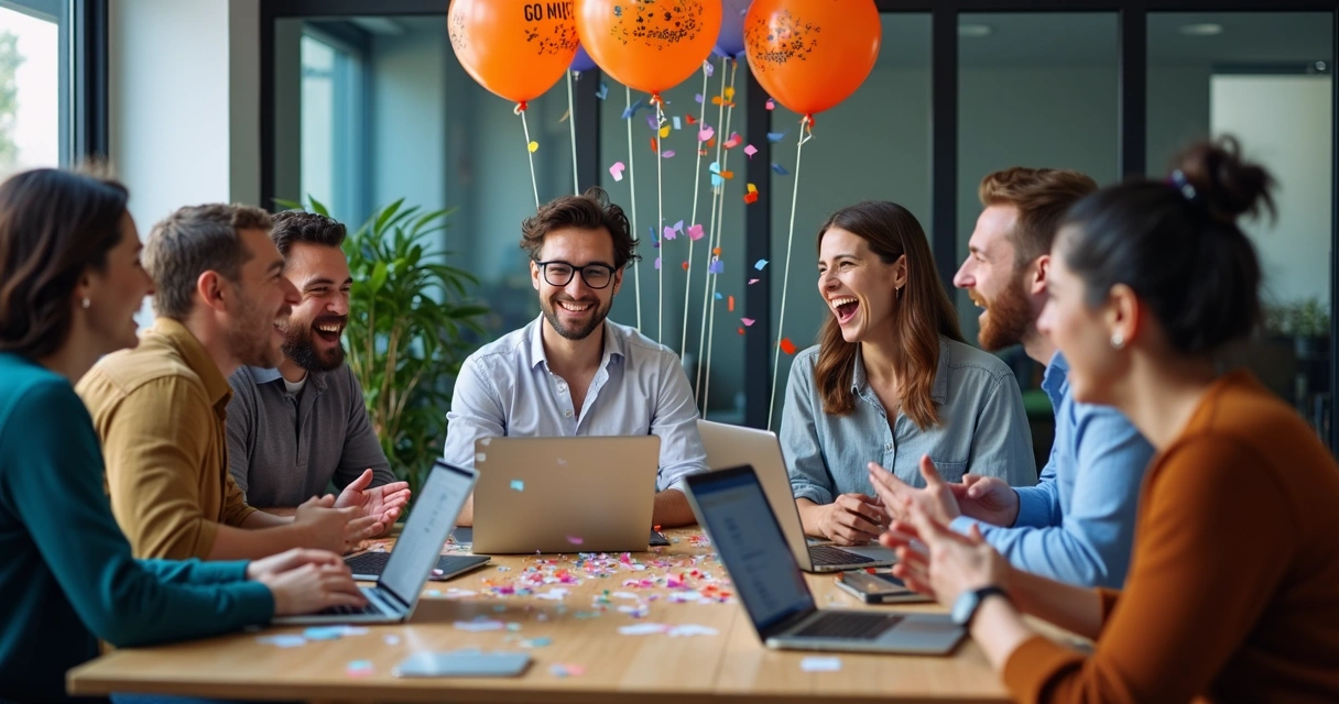 Startup team celebrating MVP launch with laptops and confetti 