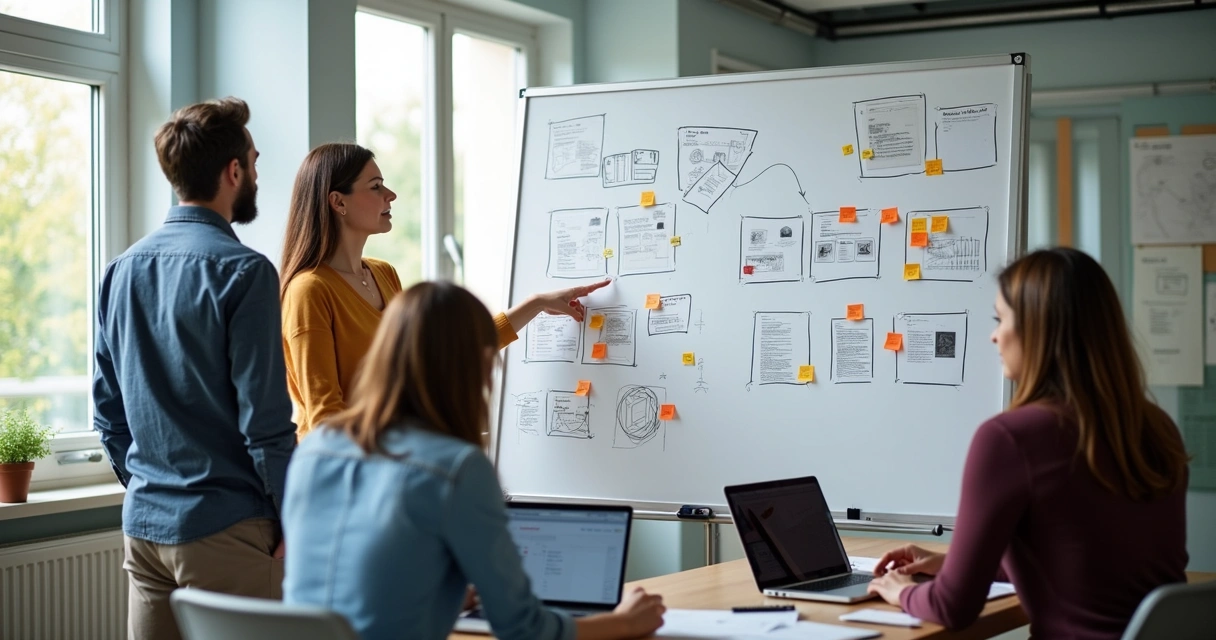 Team at whiteboard planning MVP flow and wireframes 