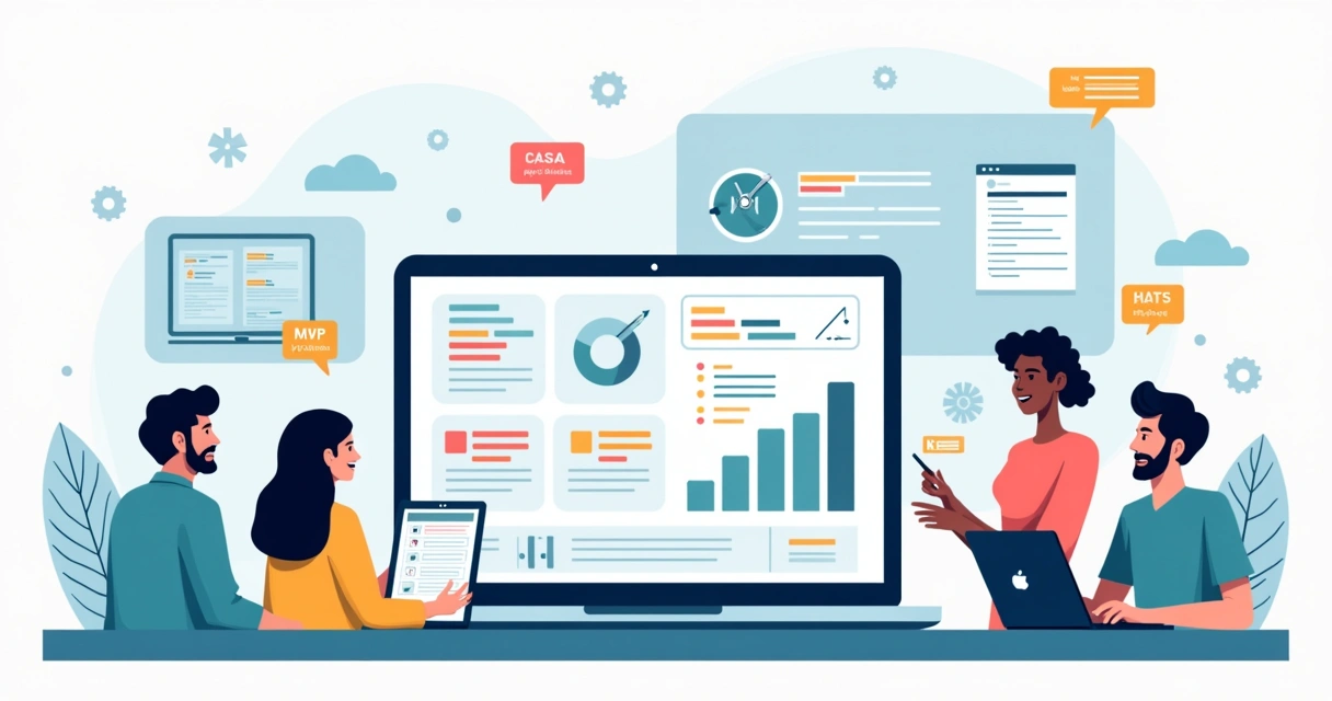 Equipe de produto analisando protótipo SaaS em telas com gráficos e fluxos 