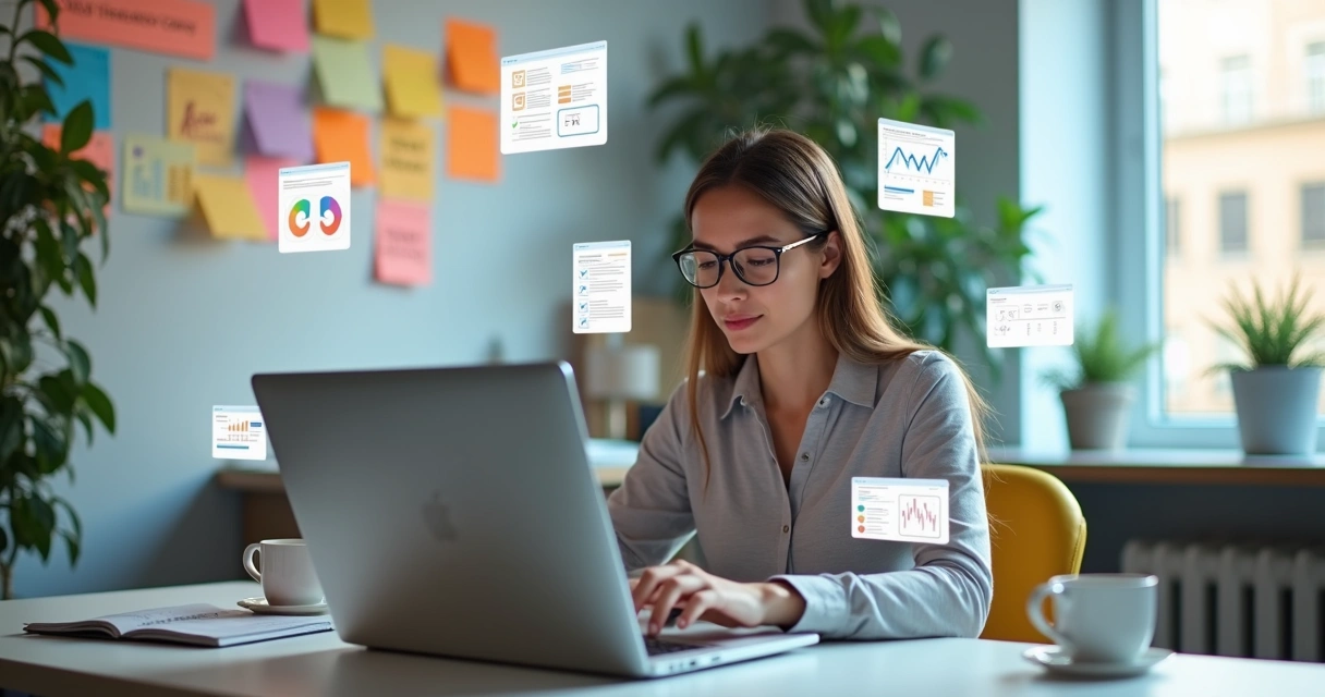 Pessoa trabalhando em laptop com vários aplicativos digitais ao redor para lançar um MVP sem equipe técnica 