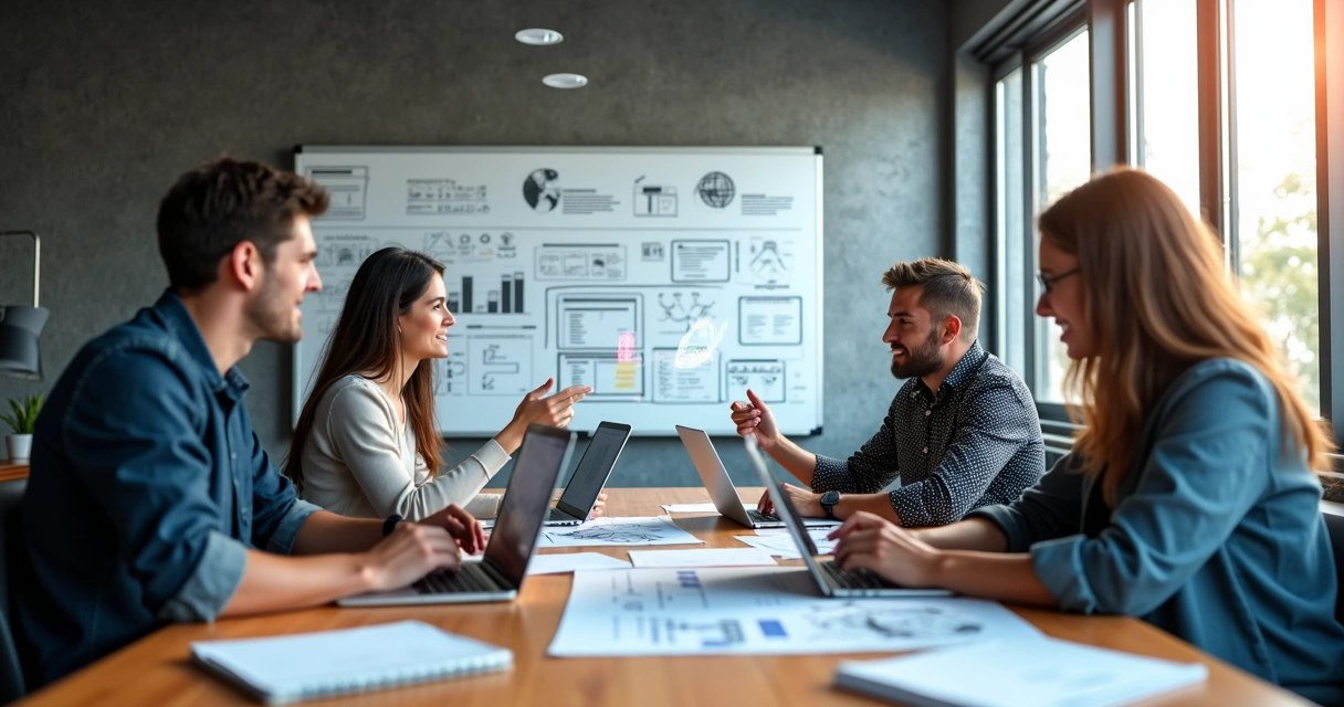 Software development team collaborating around a desk with laptops and digital wireframes 