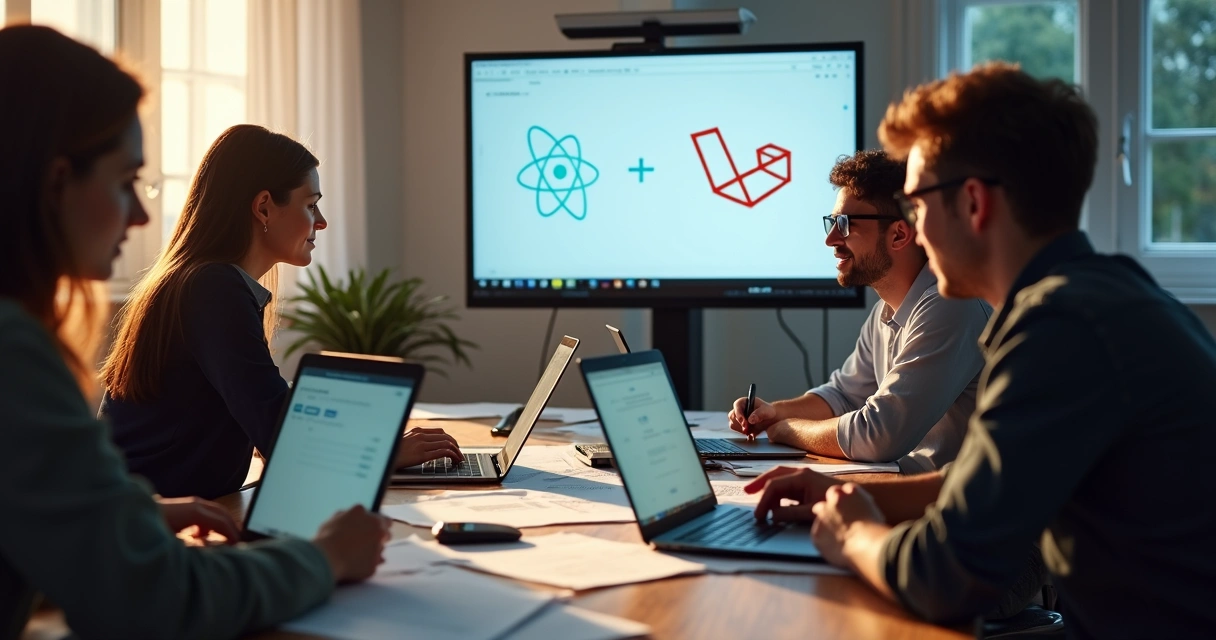 Startup team discussing MVP requirements with laptops and sketches 