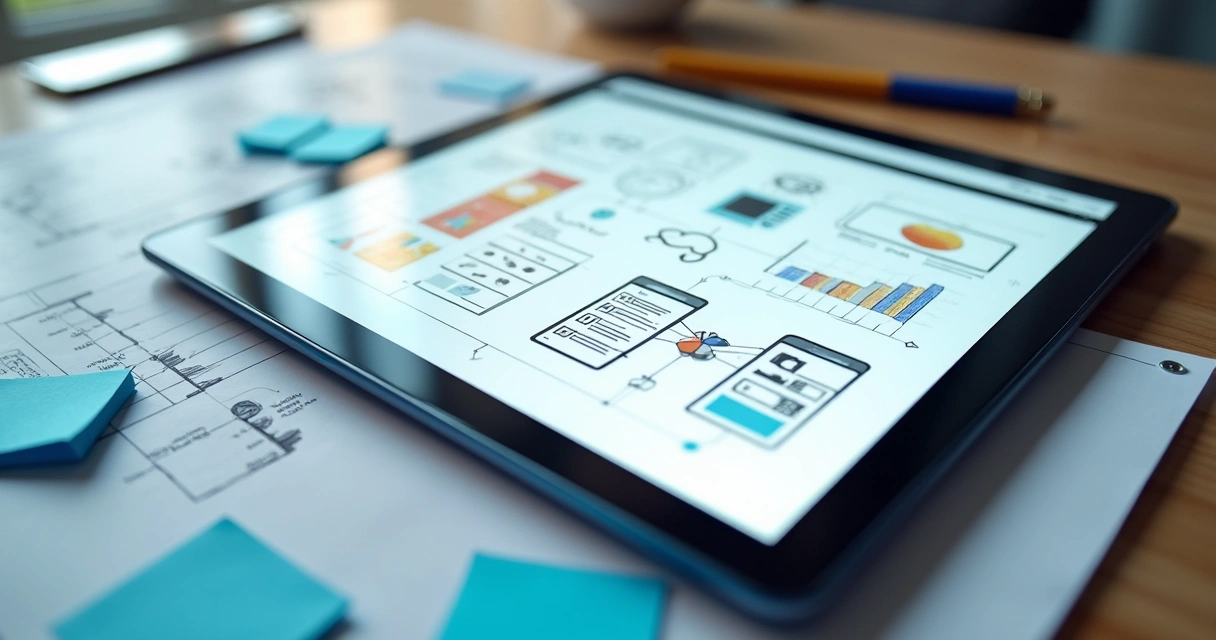 UI wireframe prototype on tablet and paper sketches 