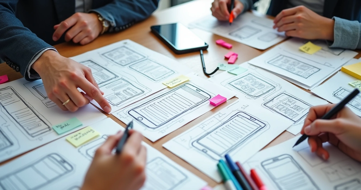 Hand-drawn app wireframe sketches on a table 