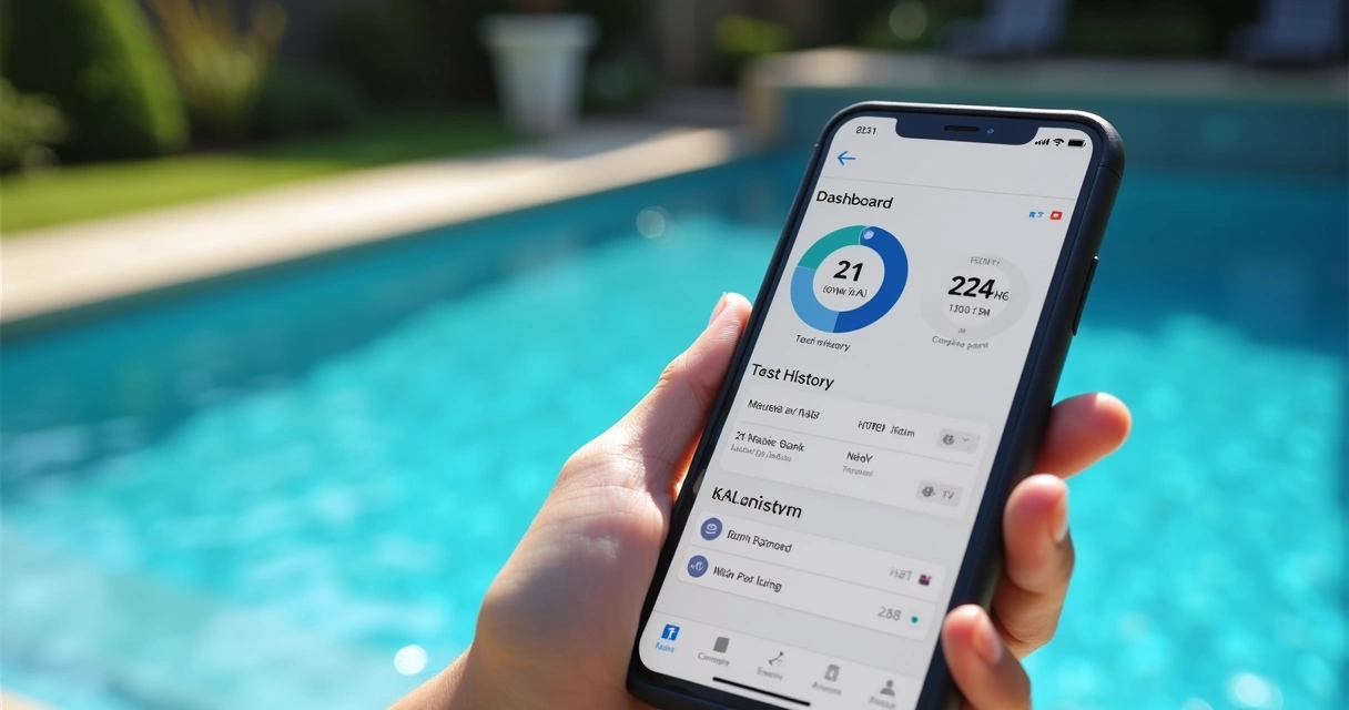 Hand holding smartphone showing MyPoolMate pool maintenance app next to backyard pool 