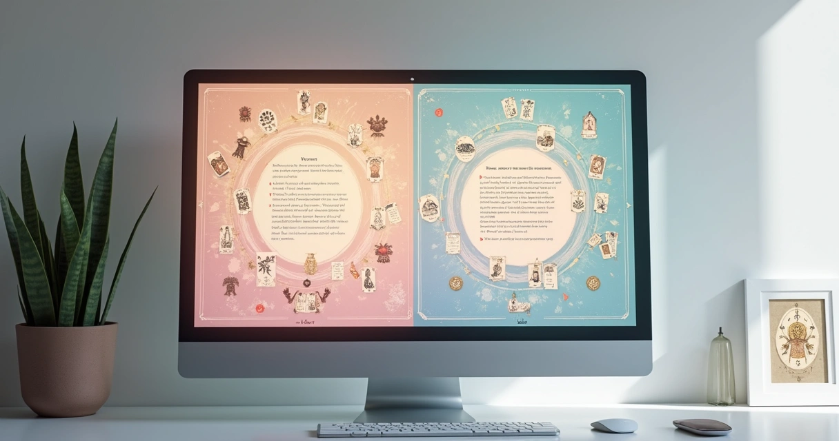 A digital interface with a friendly AI chat assistant helping with a virtual tarot spread. 