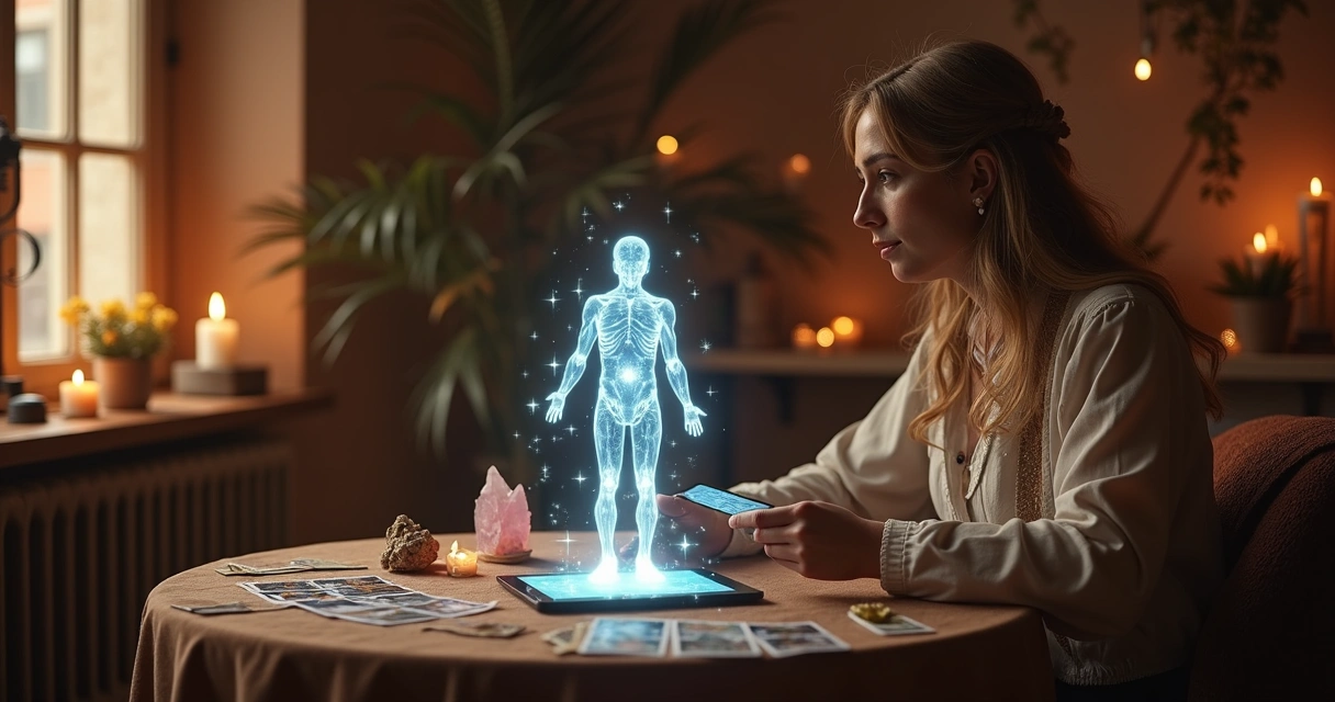 Mystic speaking with AI assistant hologram 