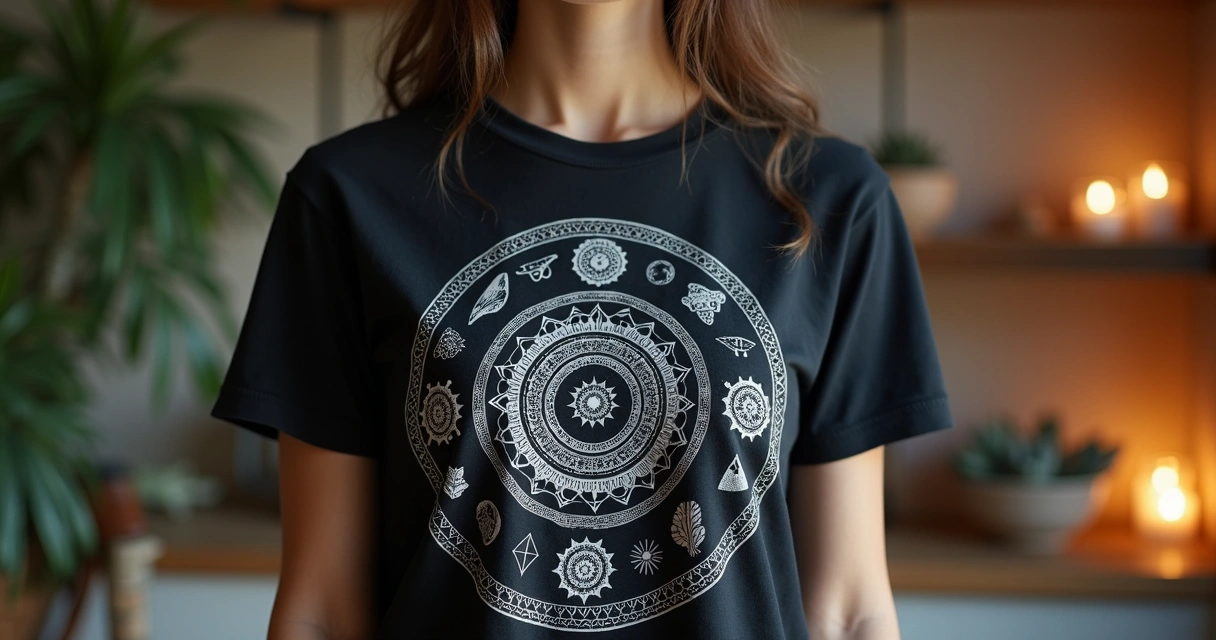 Person wearing a black T-shirt with ancestral mystical symbols in a dimly lit room 