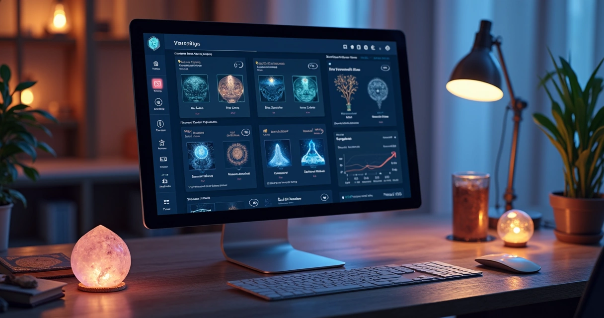 Digital dashboard displaying organized client profiles and mystical reading notes on a sleek computer screen 