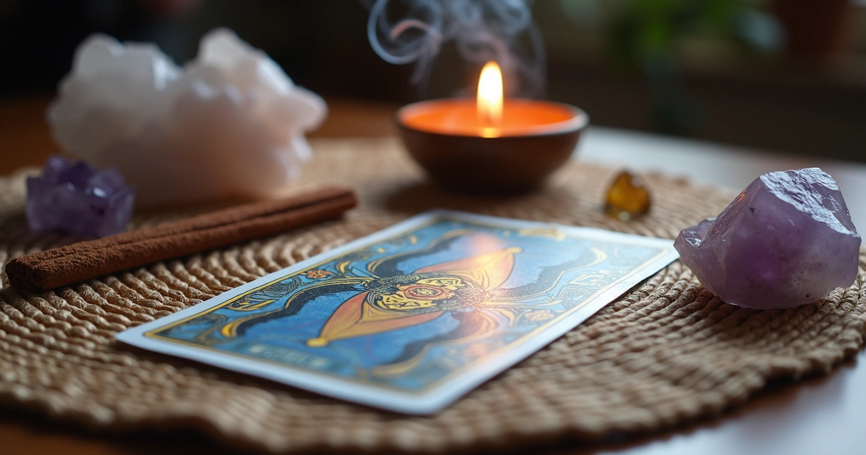 Tarot table with amethyst, selenite, and incense 