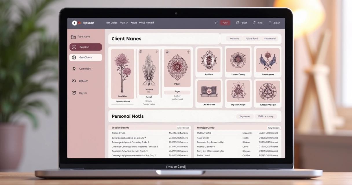 Digital dashboard showing mystical client records 