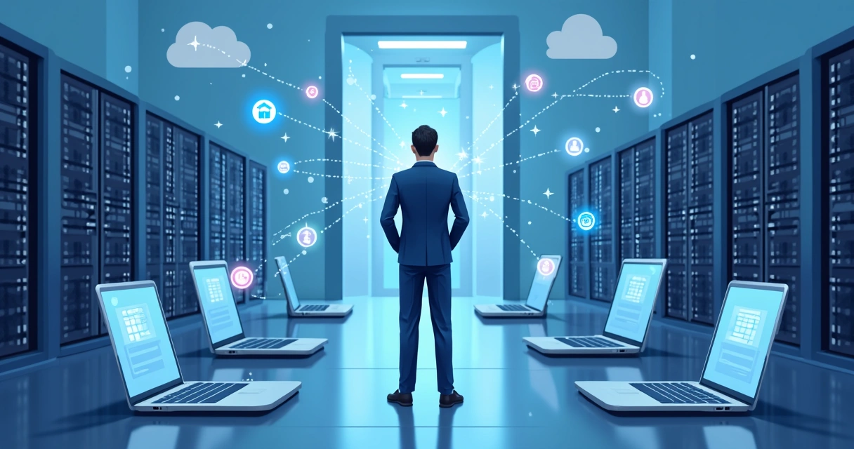 Porta de entrada digital de rede corporativa com ícones de computadores e cadeados 