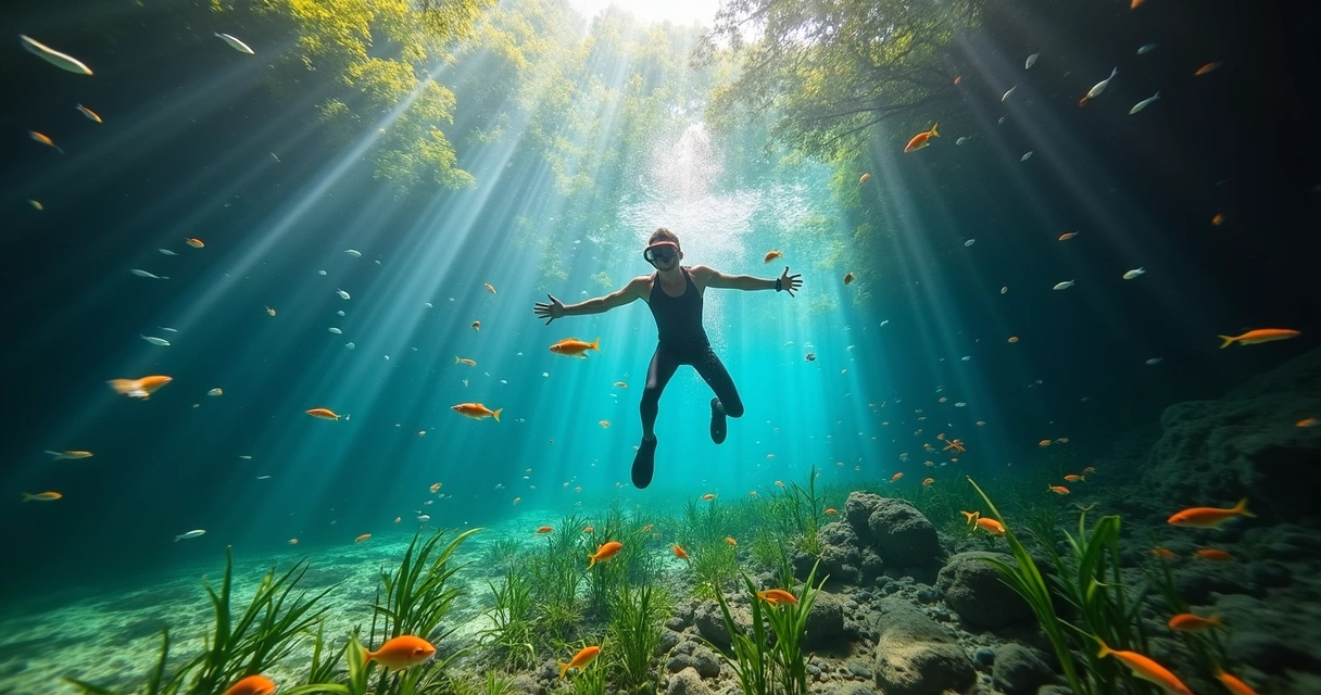 Pessoa praticando flutuação em rio de águas cristalinas com peixes coloridos em Bonito 