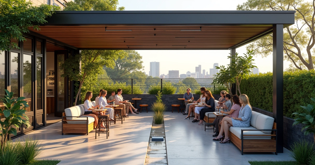 Modern nail spa with outdoor waiting area and pergola 