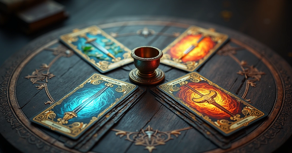 As quatro cartas de naipes do tarot, copas, ouros, espadas e paus, em disposição circular sobre uma mesa de madeira escura 