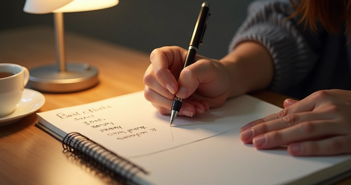 Close-up of a person writing emotions in a notebook with a calm background, pen in hand. 