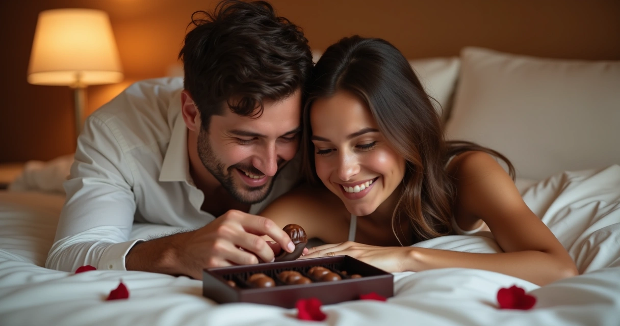 Casal de namorados sorrindo na cama partilhando chocolate afrodisíaco